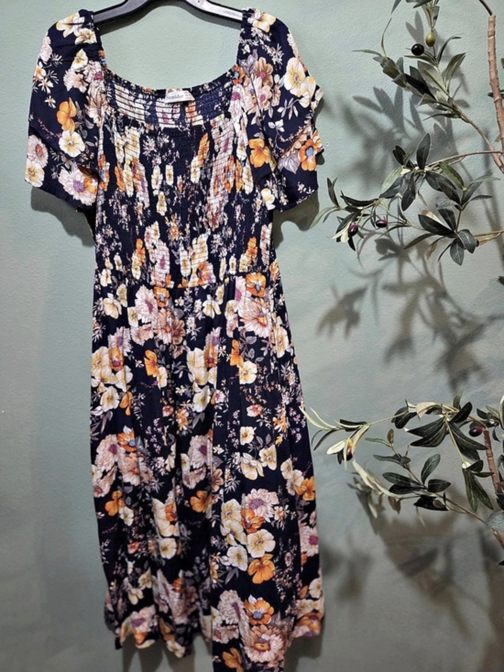 Nemidor Women Plus Size Boho Dress Smocked Midi Pocket Black & Orange